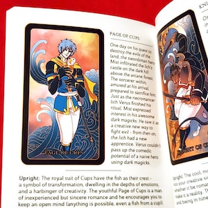 May include: Two tarot cards, Page of Cups and Knight of Cups, with illustrations of a young man holding a fish and a man with horns holding a sword. The cards are from a fantasy-themed tarot deck. The text on the cards reads "Page of Cups" and "Knight of Cups".