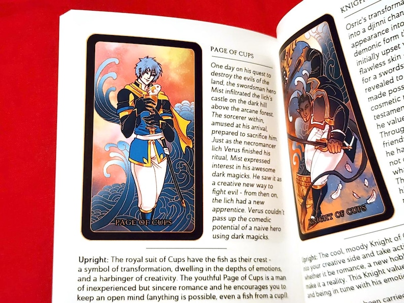 May include: Two tarot cards, Page of Cups and Knight of Cups, with illustrations of a young man holding a fish and a man with horns holding a sword. The cards are from a fantasy-themed tarot deck. The text on the cards reads "Page of Cups" and "Knight of Cups".
