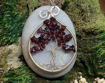 Garnet Tree of Life Pendant, Viking Jewelry, Yggdrasil Necklace, Pendants Gemstone Birthstone Necklace, Mothers Day Gift, Gift for witch