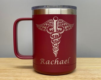 Insulated Coffee Cup with Handle Caduceus  Lasered Engraved 15 0z  Polar Camel Mug with Handle Travel Doctor Nurse