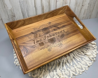 Personalized Acacia Serving Tray with handles - Mothers Day Gift - Wedding Gift - Couples gift -Home Decor - Entertaining - Table setting