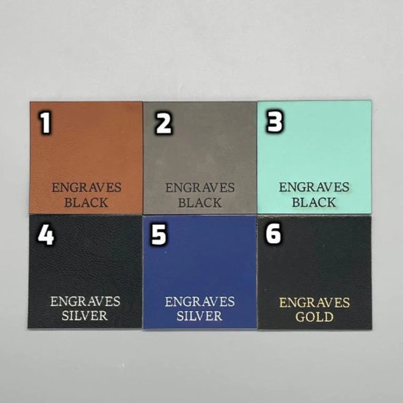 Peut inclure: Six &eacute;chantillons de cuir num&eacute;rot&eacute;s de 1 &agrave; 6, montrant diff&eacute;rentes couleurs et options de gravure. Les &eacute;chantillons 1, 2 et 3 gravent en noir. Les &eacute;chantillons 4 et 5 gravent en argent. L'&eacute;chantillon 6 grave en or.