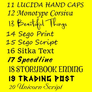 Peut inclure: Un fond jaune avec du texte noir listant 10 polices diff&eacute;rentes, num&eacute;rot&eacute;es de 11 &agrave; 20. Les polices sont&nbsp;: Lucida Hand Caps, Monotype Corsiva, Beautiful Things, Sego Print, Sego Script, Sitka Text, Speedline, Storybook Ending, Trading Post et Unicorn Script.