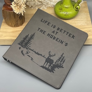 Personalized Leatherette 3 Ring Binder, Engraved Mountain Design, Vinyl Sleeves Available