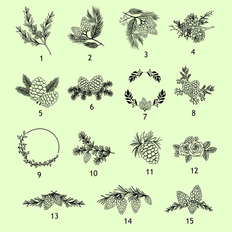 Peut inclure: Un ensemble de 15 illustrations en noir et blanc de pommes de pin et de branches. Les illustrations sont num&eacute;rot&eacute;es de 1 &agrave; 15.