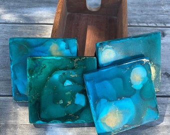 Alcohol ink coasters, marble coasters, blue coasters, coaster set, beach coasters, green coasters, painted coasters, colorful coasters