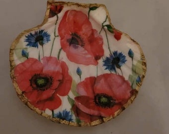 Poppies Shell Decoration Shell Art Decoupaged scallop shell Trinket Dish Ring Holder Party Favors Shell Art Candle Holder