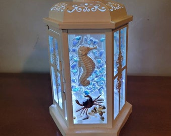 Seahorse glass lantern, Crushed glass lantern,lantern with crab, beach lantern,  garden lantern, candle lantern,  coastal lantern