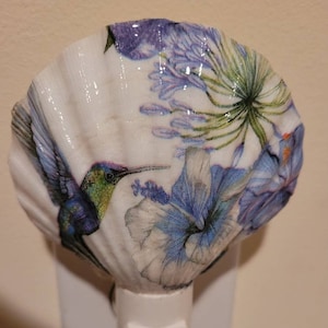 May include: A white seashell nightlight with a hummingbird and floral design. The shell is plugged into an electrical outlet.
