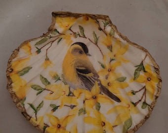 Poppies Shell Decoration Shell Art Decoupaged scallop shell Trinket Dish Ring Holder Party Favors Shell Art Candle Holder