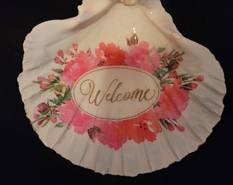 Poppies Shell Decoration Shell Art Decoupaged scallop shell Trinket Dish Ring Holder Party Favors Shell Art Candle Holder