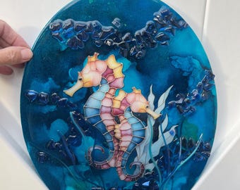 Seahorse Wall Art: Handmade Resin Beach Art, alcohol ink and resin seahorse art, beach gift coastal art, beach lover, beach decor, beach art