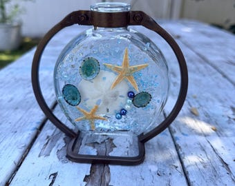 Shell vase, beach vase, beach plant propagator,  metal and glass vase, metal and shell glass vase, beachy vase