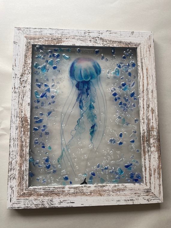 Jellyfish Wall Hanging: Resin Ocean Art Suncatcher in Rustic Wood Frame