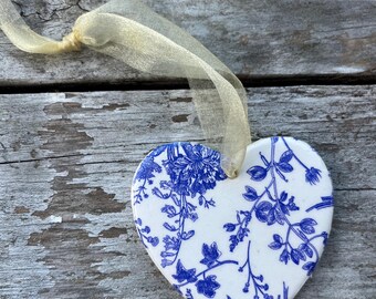 French Toile Porcelain Ornament: Handmade Decoupage Car Charm