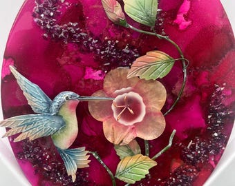 Hummingbird Wall Art: Handmade Resin hummingbird Art, alcohol ink and resin hummingbird art, hummingbird gift, hummingbird art,  hummingbird