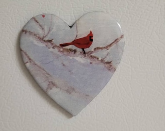 Cardinal magnet, Cardinal decor, Cardinal refrigerator magnet, heart shaped Cardinal magnet, handmade Cardinal magnet