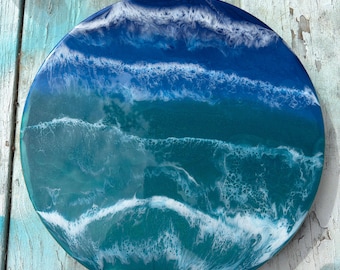 Ocean Resin Art Lazy Susan: Beach Decor, Bamboo Turntable