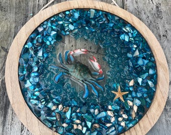 Resin Crab Sun Catcher: Crushed Glass Ocean Art, blue crab port hole, blue crab art, blue crab window,  grab gift, Maryland crab art