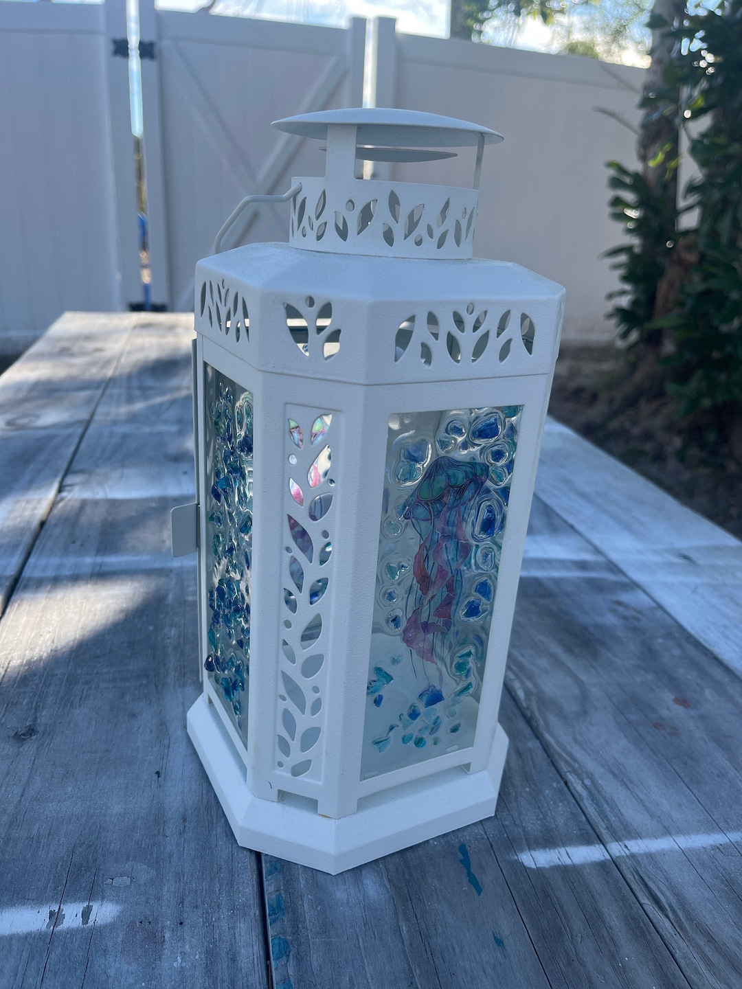 Jellyfish Glass Lantern, Crushed Glass Lantern, Candle Lantern, Coastal