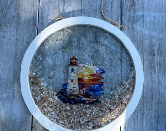 Lighthouse Sun Catcher: Crushed Glass Ocean Art, lighthouse port hole, lighthouse art, lighthouse window, lighthouse gift, lighthouse decor