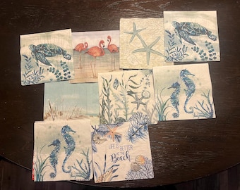 Ten Decoupage Paper Coastal Print napkins Beach napkins for crafts decoupage napkins Sea turtle decoupage napkins ocean napkins ten napkins