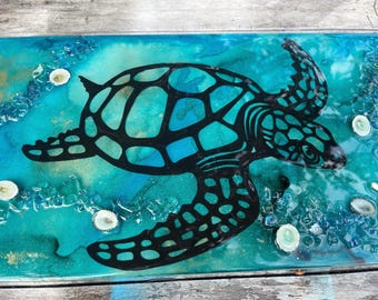 Sea Turtle Wall Art: Handmade Resin Sun Art, alcohol ink and resin Sea turtle art, Sea turtle gift coastal sea turtle sea turtle lover,