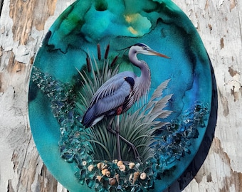 Great Blue Heron Wall Art: Handmade Resin Beach Art, alcohol ink and resin heron art, beach gift coastal art, beach decor, heron art