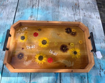 Dried Flower Serving Tray, Wooden Floral Charcuterie Board, Dragonfly Decor