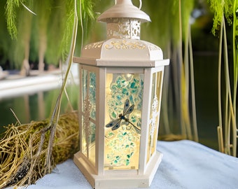Dragonfly Lantern: Distressed White Metal, Crushed Glass Wedding Centerpiece, Dragonfly Light, Dragonfly Gift, Dragonfly Gift, Gift for her