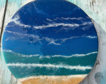 Ocean Resin Art Lazy Susan: Beach Decor, Bamboo Turntable