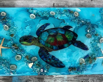 Sea Turtle Wall Art: Handmade Resin Sun Art, alcohol ink and resin Sea turtle art, Sea turtle gift coastal sea turtle sea turtle lover,