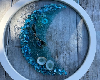 Mermaid Moon Suncatcher: Dragonfly, Shells with Resin Decor, Moon Gift, Gift for Moon Lover, Flower Moon Gift, Moon Art, celestial art