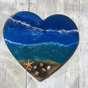 Beach heart resin art,  beach heart wall hanging,  ocean art decor, resin heart,   beach art,  heart ocean art, heart shaped wall hanging