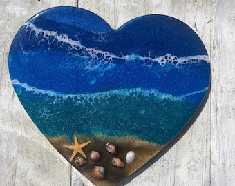 Beach heart resin art,  beach heart wall hanging,  ocean art decor, resin heart,   beach art,  heart ocean art, heart shaped wall hanging