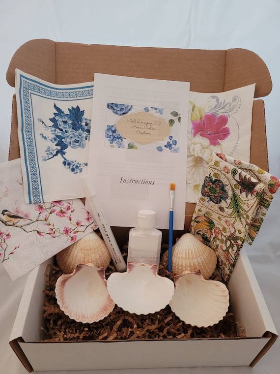 Shell decoupage craft kit, craft kits, learn decoupage, decoupage kit, crafting, learn to craft, learn to decoupage, decoupage art