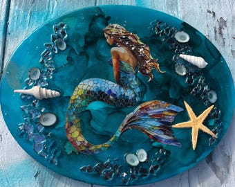 Mermaid wall Art: Handmade Resin Beach Art, alcohol ink and resin mermaid art, beach gift coastal art, beach decor, mermaid art, mermaid