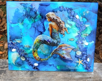 Mermaid wall Art: Handmade Resin Beach Art, alcohol ink and resin mermaid art, beach gift coastal art, beach decor, mermaid art, mermaid