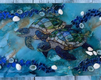 Sea Turtle Wall Art: Handmade Resin Sun Art, alcohol ink and resin Sea turtle art, Sea turtle gift coastal sea turtle sea turtle lover,