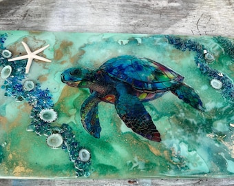Sea Turtle Wall Art: Handmade Resin Sun Art, alcohol ink and resin Sea turtle art, Sea turtle gift coastal sea turtle sea turtle lover,