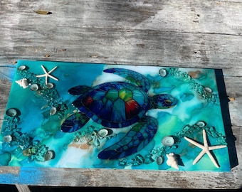 Sea Turtle Wall Art: Handmade Resin Sun Art, alcohol ink and resin Sea turtle art, Sea turtle gift coastal sea turtle sea turtle lover,