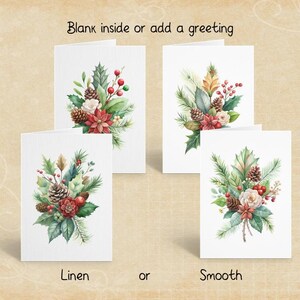 Christmas Floral Bouquet, Pinecones, Holly, Festive Holiday Greeting Cards, Holiday Stationery, Linen or Smooth, Peel and Stick Envelopes