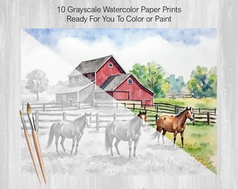 Grayscale Watercolor Painting, 10 Farm and Landscapes Printed on Watercolor Paper, Color, Paint, Acrylics, Pens, Markers, Pastels, Art Gift