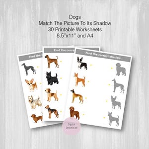 May include: Three printable worksheets with dog illustrations. The worksheets are designed to match the pictures of dogs to their shadows. The text on the worksheets reads "Match The Picture To Its Shadow". The worksheets are 8.5"x11" and A4 size.