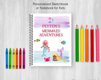 Colorful, Dark Skin, Mermaids Sketchbook, Personalized Notebook, Drawing Journal For Adults or Kids with Customize Name, Coil Bound
