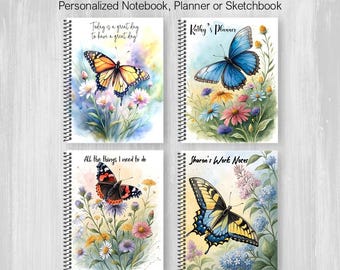 Watercolor Butterfly and Flowers Personalized Notebook or Planner, Custom Interior Paper Type