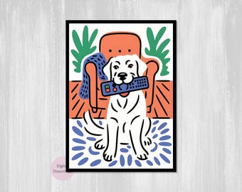 Labrador with Remote, Funny Dog with TV Remote Wall Art, Funny Dog Art, Stealing TV Remote Pup, Digital Download Art, Poster
