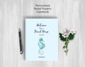 Personalized Guestbook With Name and Logo, Airbnb VRBO Vacation Rental, Welcome Book for Beach House, Hardcover Book, Prompt Questions
