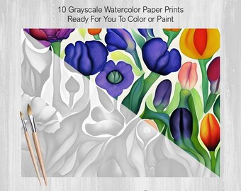 Grayscale Watercolor Painting, 10 Abstract Floral Designs, Printed on Watercolor Paper, Color, Paint, Acrylics, Pens, Markers, Pastels