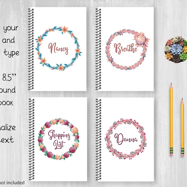 5.5 x 8.5 Personalized Notebook Floral Wreaths Watercolor, Spiral Coil Binding, College Ruled, Wide Ruled, Dot Grid, Graph Paper, Sketchbook